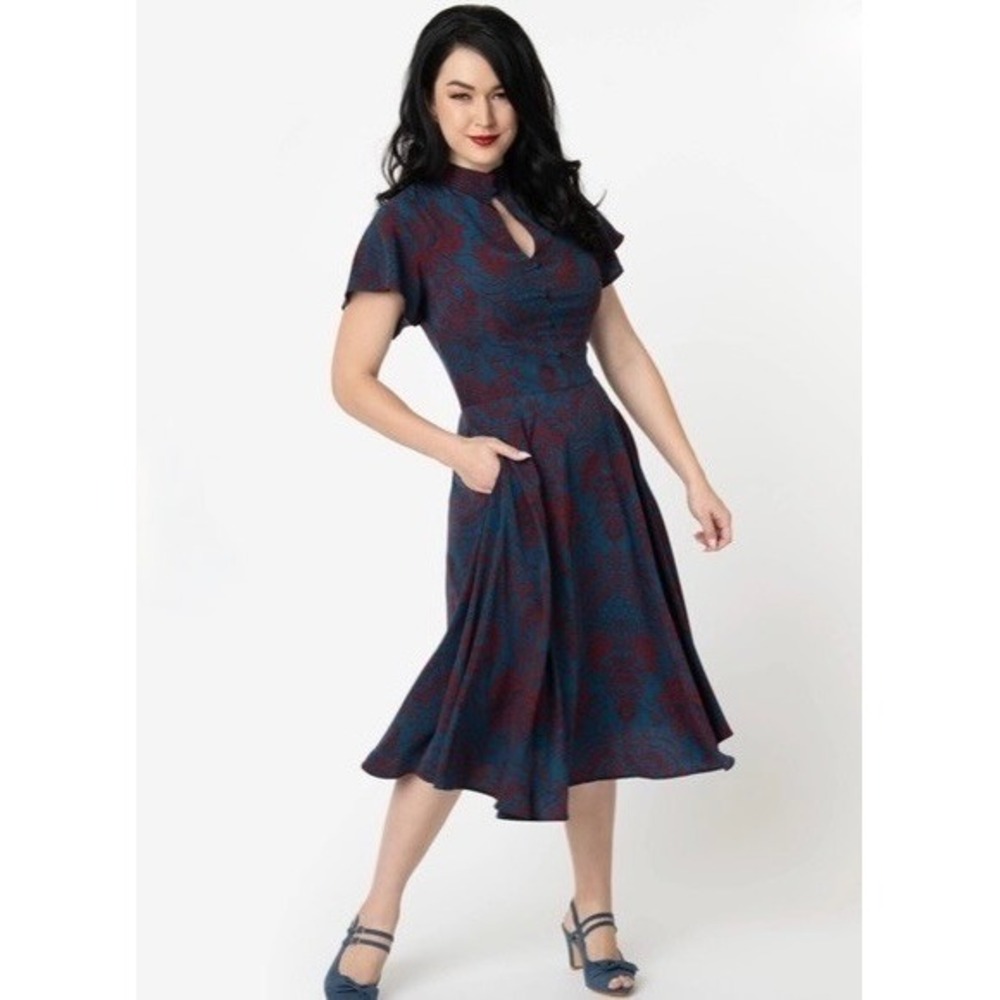 UNIQUE VINTAGE 1950s Damask Baltimore Swing Dress Blue Red Retro Pinup X-Large - Picture 5 of 13